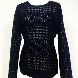 DKNY Crochet Knit Navy Long Sleeve Tunic Sweater